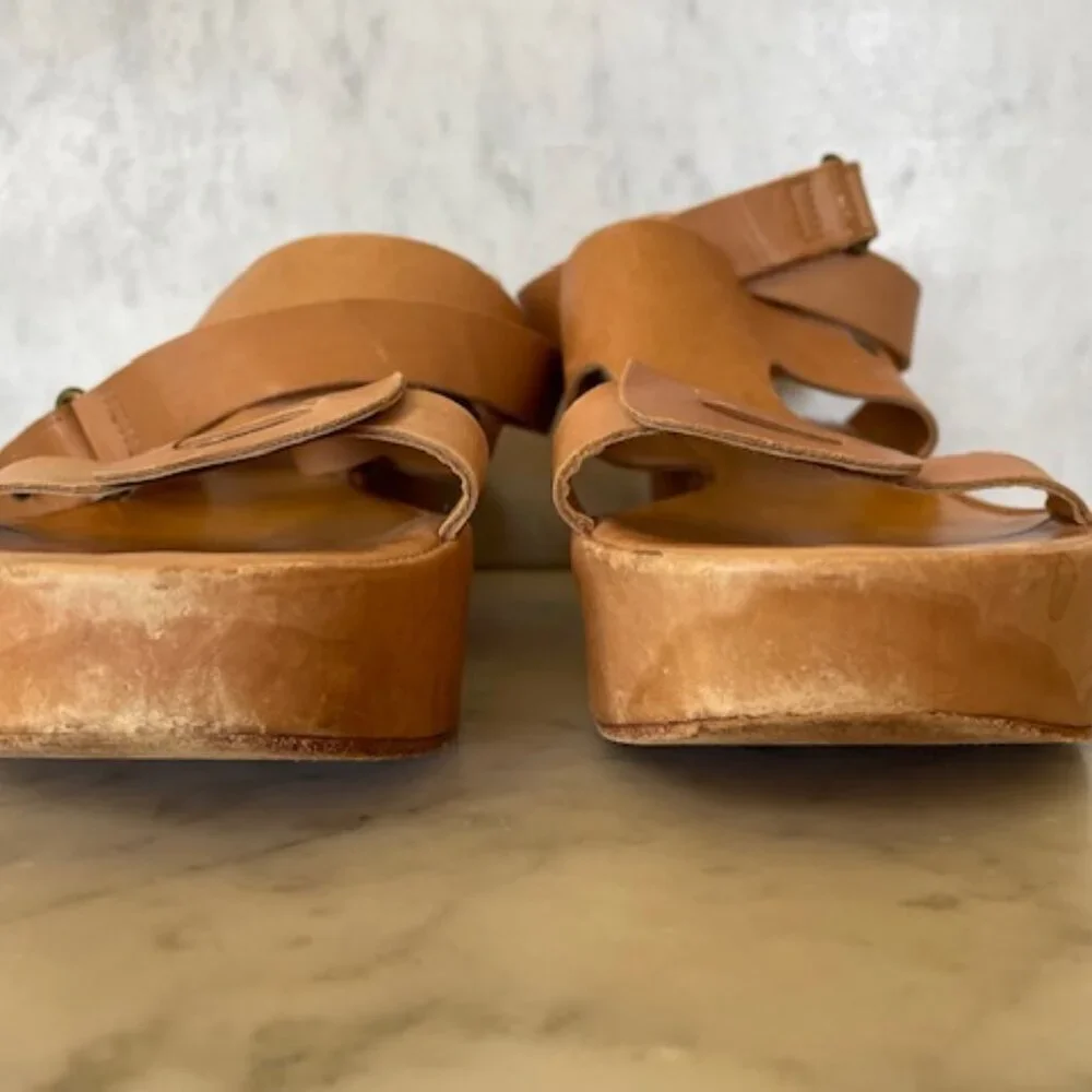 COCLICO Leather Platform Sandals Ankle Leg Wrap Tan Vintage 37